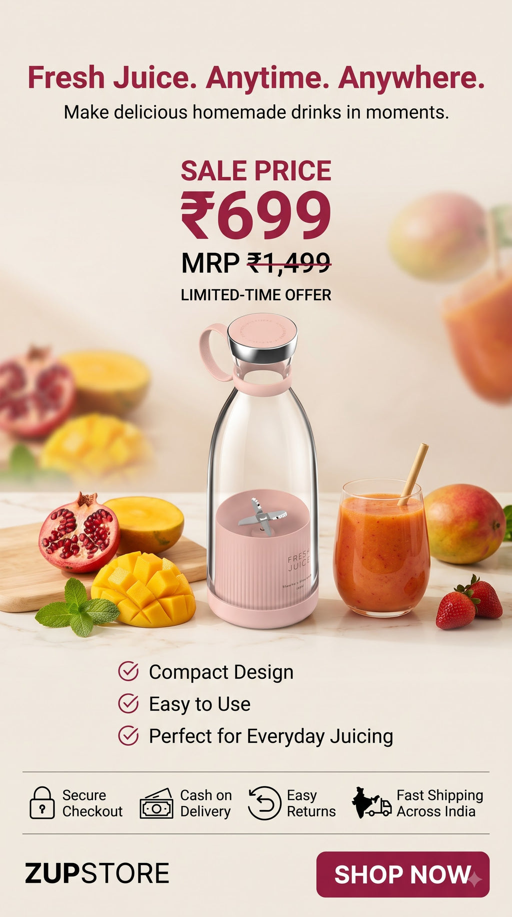 Portable Mini Blender for Fresh Juice, 6 Blade Portable Electric USB Juice Maker/Personal Size Blender for Juices, Shakes and Smoothies