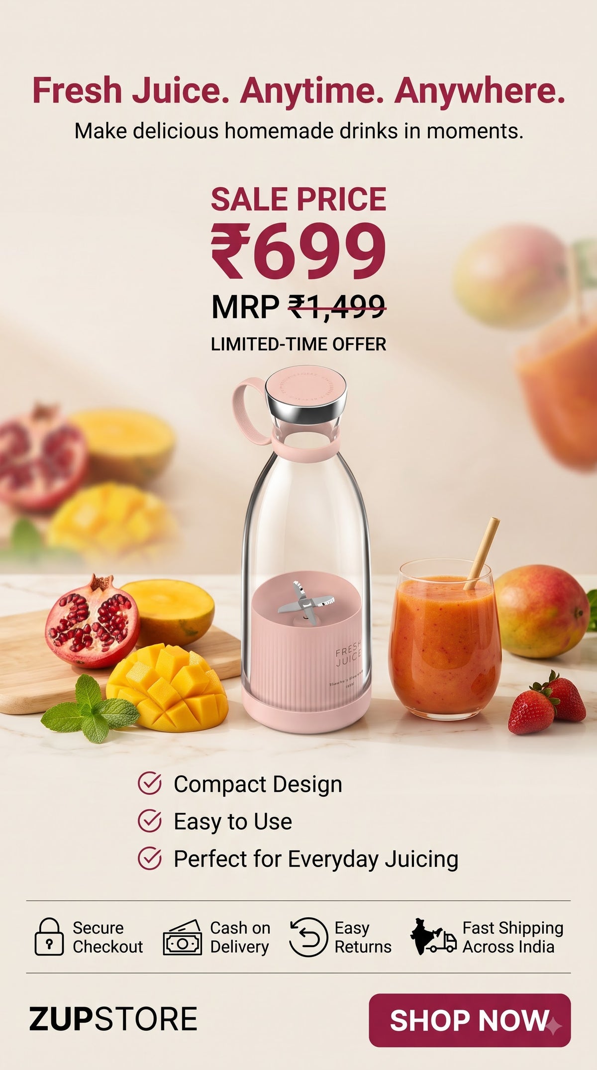 Portable Mini Blender for Fresh Juice, 6 Blade Portable Electric USB Juice Maker/Personal Size Blender for Juices, Shakes and Smoothies